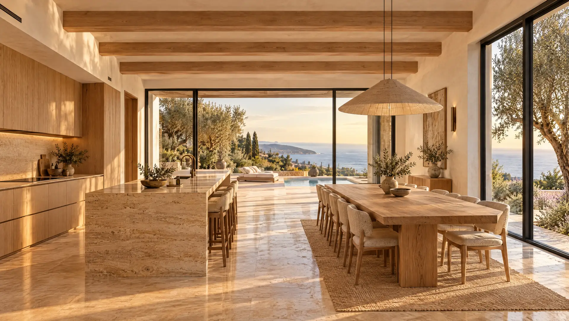 Cuisine ouverte avec un îlot en travertin de 4 mètres, table en chêne pour dix personnes et baie sur la terrasse de la piscine