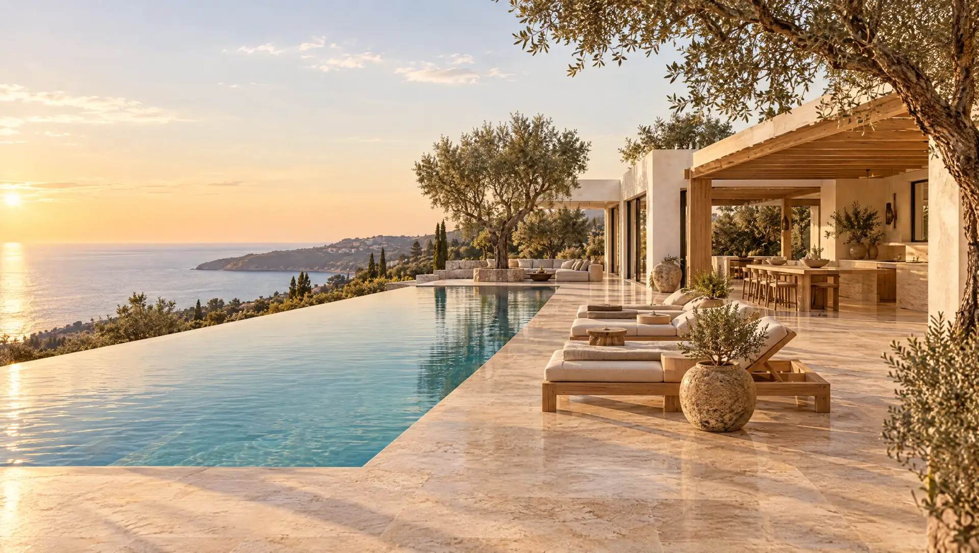 Piscine à débordement de 18 mètres dont le bord se confond avec la mer, plage en travertin, oliviers et pool house sous pergola