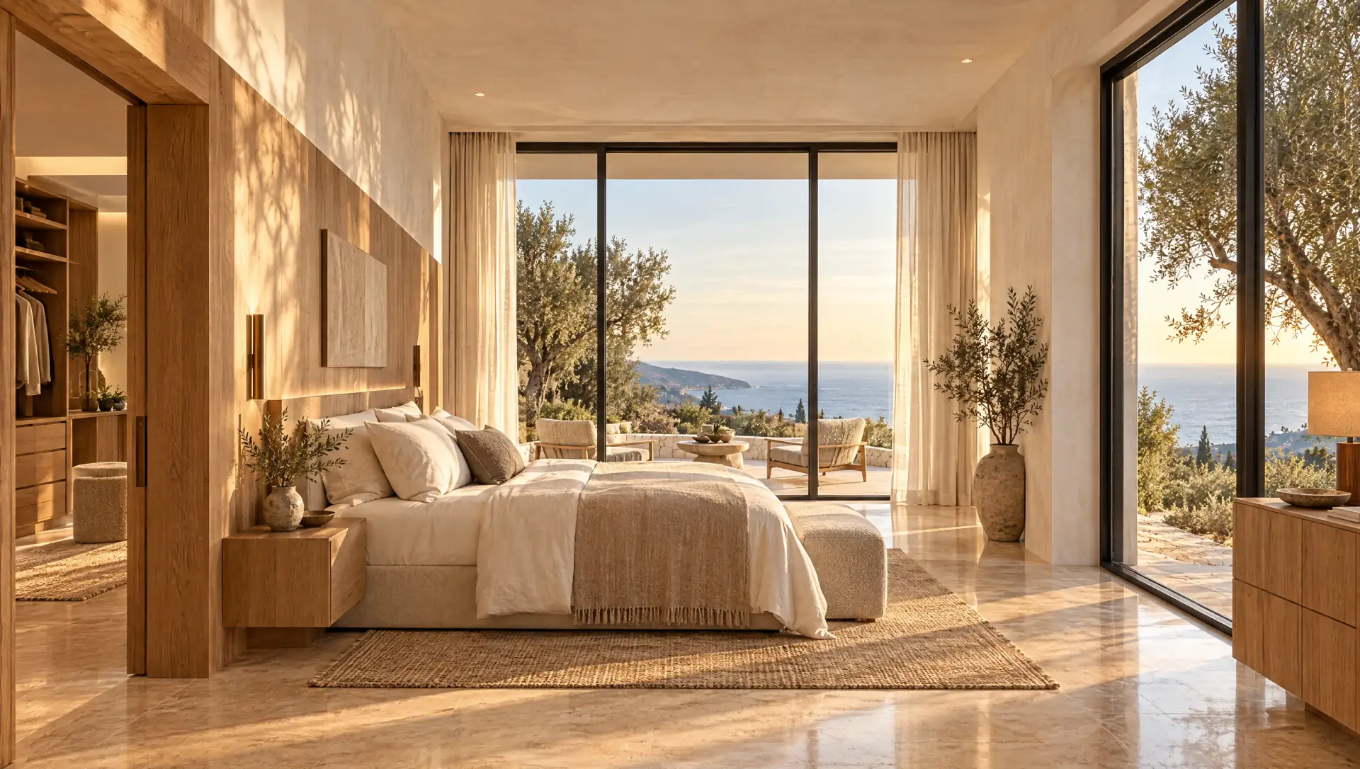Suite parentale, lit face à une baie vitrée toute hauteur ouverte sur une terrasse privée et la mer